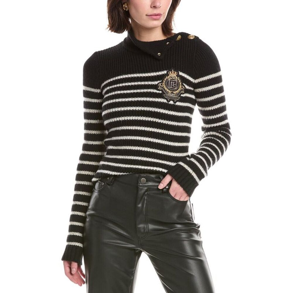 Balmain Womens  High Neck Striped Cashmere & Wool-Blend Pullover, Black